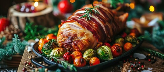 Tasty bacon-wrapped turkey with Brussels sprouts, tomatoes, and carrots. - obrazy, fototapety, plakaty