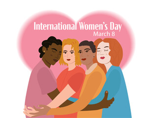 International Womens Day banner. Women of different ethnicities stand side by side together.