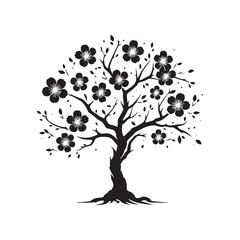 Soft Glow Serenity - Blossom Tree Silhouette in the Soft Evening Light, Eliciting a Sense of Calmness - Blossom Tree Black Vector Stock
