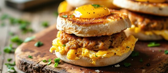 Vegan sausage patties with cheese and egg on an English muffin.