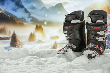 Fototapeta na wymiar Ski boots on snow and winter time. 