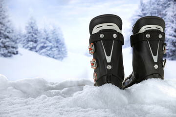 Ski boots on snow and winter time. 