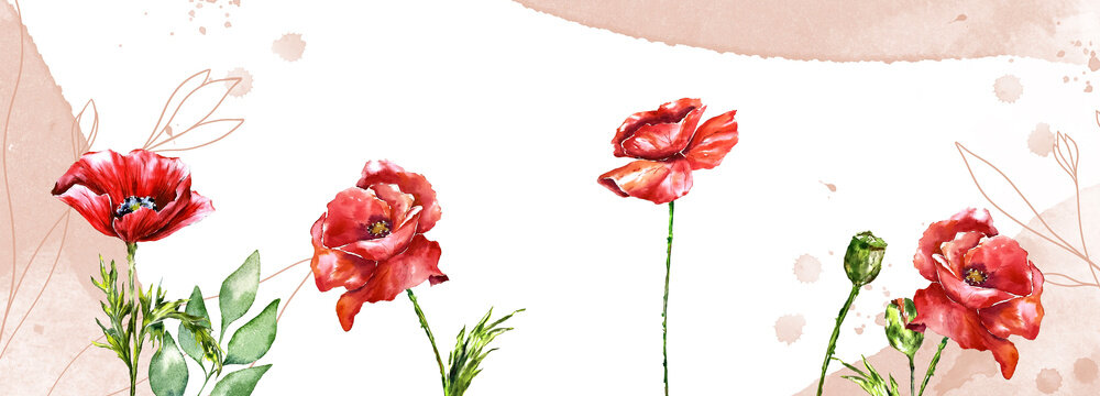 poppies banner watercolot spting red flowers floral wedding design mother's day 14th february