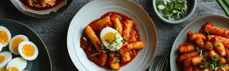 topokki or tteokbokki with boiled egg on a white plate. flat lay angle. perfect for recipe, article, catalogue, commercial, or any cooking contents. - obrazy, fototapety, plakaty
