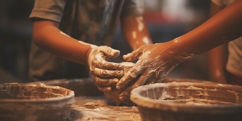 Generative AI, kid hands with clay making of a ceramic pot in the pottery workshop studio, hobby and leisure concept	
 - obrazy, fototapety, plakaty