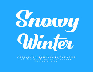 Fototapeta na wymiar Vector seasonal sign Snowy Winter. White elegant Font. Beautiful style Alphabet Letters and Numbers set