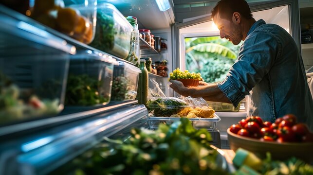 View Looking Out From Inside Of Refrigerator As Man Takes Out Healthy Packed Lunch In Container