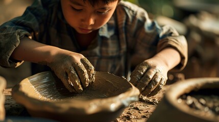 Generative AI, kid hands with clay making of a ceramic pot in the pottery workshop studio, hobby and leisure concept	
