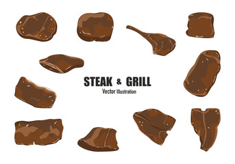 Steak set, beef, and beef, cooked, steak, and grill Vector cartoon illustration with letters for a butcher shop or steakhouse menu.