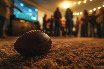 american football on the floor at superbowl party