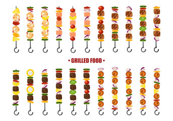 Illustration set of grilled food, barbecue, beef, pork, chicken, salmon, shrimp, spices, and grilled vegetables, isolated on a white background cute cartoon for design elements Easy to edit.