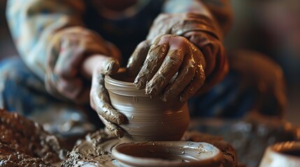 Generative AI, kid hands with clay making of a ceramic pot in the pottery workshop studio, hobby and leisure concept	
 - obrazy, fototapety, plakaty