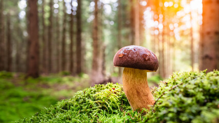 Boletus edulis - edible mushroom also known as penny bun, porcini, cep, porcino, king bolete. Growing in autumn forest in Sweden. - obrazy, fototapety, plakaty