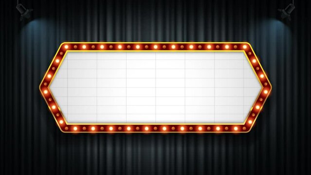 Theater cinema sign hexagon on gray color theme curtains with spotlight. 4k animation. You can put text easily.