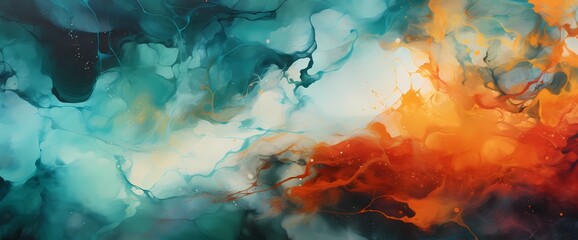 Bursting bubbles of radiant orange and deep teal rising through a sea of abstract, liquid hues,...