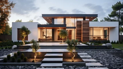 Foto op Canvas Modern House Exterior Design with Landscaping © Molostock