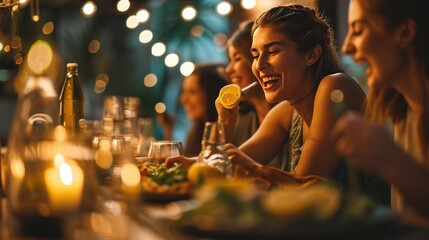 Young woman is laughing with her friends at a dinner party as she squeezes lemon juice on a salad