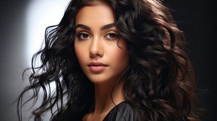 Naklejka premium Portrait of a Beautiful Young Asian Indian Female Model Shaking Her Hair in Motion, Ideal for an Advertisement Promoting Shampoo, Conditioner, or Hair Products. Isolated on a White Background