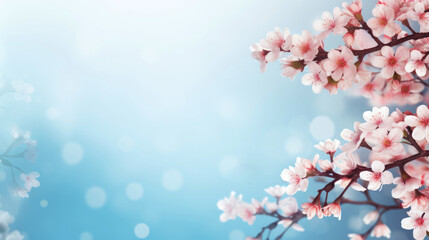 Blooming branches of a cherry tree with flowers on a blue blurred background with space for text