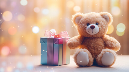 Little bear toy in gift box on colorful lens