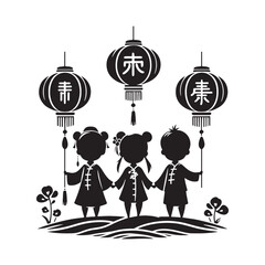 Illuminated Harmony - Chinese New Year Children Silhouette Celebrating in Perfect Synchrony with Lanterns, Creating a Harmonious Chinese New Year Silhouette

