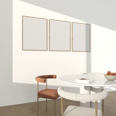 three frames mockup on wall in minimalist dining room. 3 empty wall art gallery set mock up, 3d render