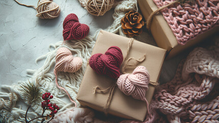Open gift box and knitted hearts on a light background