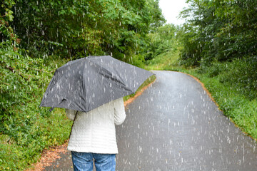 People in the rain with umbrellas in nature