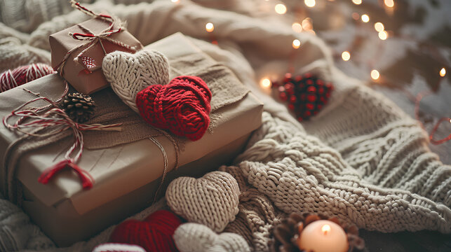 Open gift box and knitted hearts on a light background