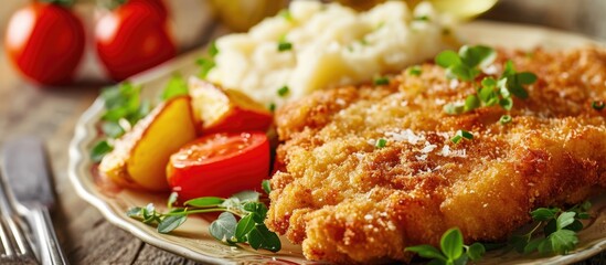 Russian cuisine, breaded cutlet with mashed potatoes, served in a cafe. - obrazy, fototapety, plakaty