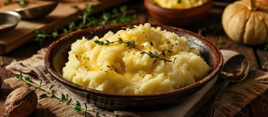 Thanksgiving mashed potatoes made at home with butter and thyme. - obrazy, fototapety, plakaty