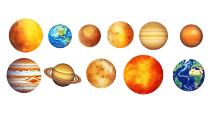 The solar system consists of various planet isolated on white or transparent background