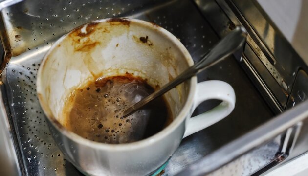 dirty coffee cup after operating with microwave oven heating water in microwave can be dangerous shallow depth of field