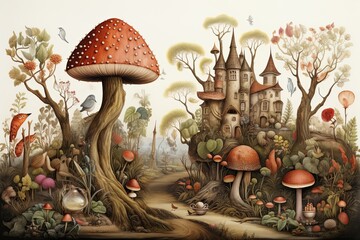 Fantasy landscape with castle, mushrooms and forest. Digital painting, AI Generated