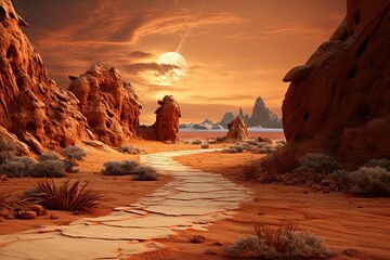 Fototapeta na wymiar Fantasy landscape with a path in the desert. 3d render, AI Generated