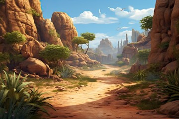 Desert landscape with sandstone rocks and trees. 3d rendering, AI Generated