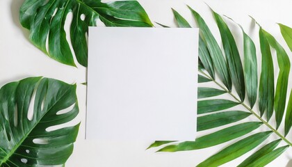 summer tropical leaves with blank paper on white background