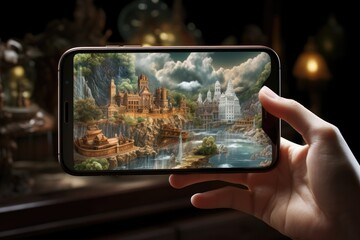travel concept - tourist taking photo of famous castles on smartphone screen at night, Augmented reality with blend of traditional and future elements, AI Generated