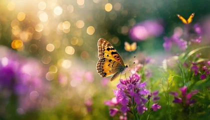 Foto op Canvas Macro shots, Beautiful nature scene. summer spring field in background blue sky with sunlight and flying butterfly, nature view. © blackdiamond67