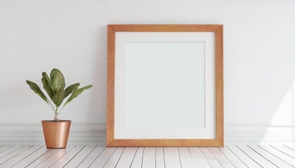 wooden frame with poster mockup standing on the white floor 3d rendering