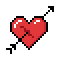 Naklejka premium Red Heart with arrow shot through it, Icon. Represent relationship, romance, and love For Valentine's Day. Pixel 8 bit style