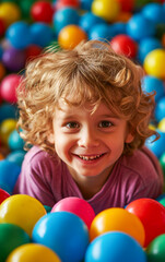 Fototapeta na wymiar A joyful child boy plays surrounded to colored balls