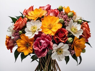 A beautiful colorful composition of flowers. Floristry. A bouquet of pink, red, yellow, white and orange flowers on a white background. Flowers for postcards, greetings, weddings, holidays.