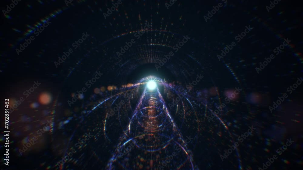 Poster abstract digital tunnel in cyberspace consisting of particles. virtual space consisting of a bright 
