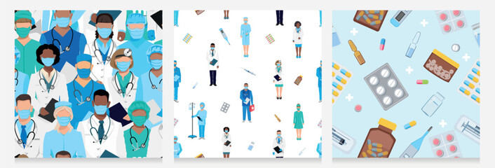 Doctors, nurses and medicines. Set of seamless patterns. Thanks to the doctors for saving lives. Doctors, nurses and paramedics in medical clothes and protective masks of different nationalities and g