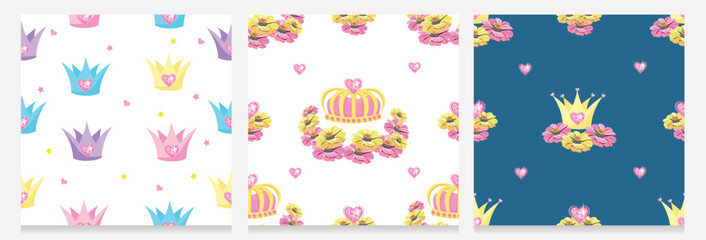 Seamless pattern for a beautiful princess. Vector patern with princess crown or tiara with heart shaped ornament. Set.