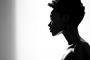Black And White Profile African American Female, Silhouette With Short Hair Style, Monochrome Portrait