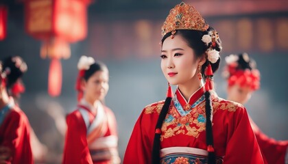 Fototapeta premium A Chinese girl in a national costume for a traditional dance