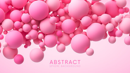 Pink random flying spheres background for Happy Valentine's day or love concept. Pink matte soft balls for romantic postcard, flyer, banner, invitation or poster. Vector 3d illustration