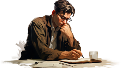 Serious Man Writing PNG, Transparent background writing man, Writer graphic, Thoughtful writer icon, Creative author image, Writing and concentration illustration, Author at work file